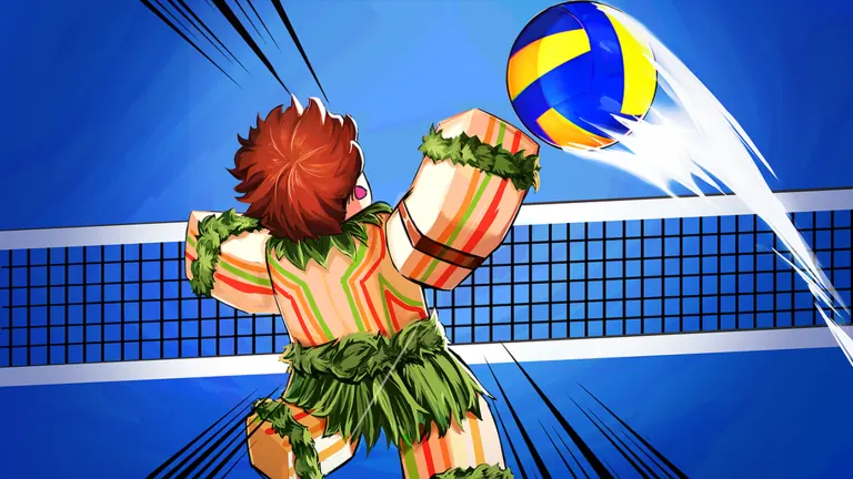 Roblox Volleyball Legends gameplay action showing Spiker and Blocker at the net